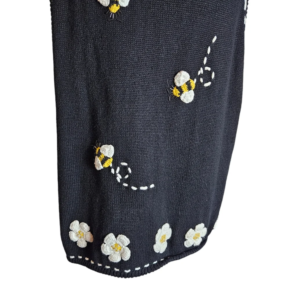 Vintage 90s Bumblebee Daisy Knit Vest Sz XL ? 3D Beaded Boho Grannycore Cottage - Picture 6 of 16